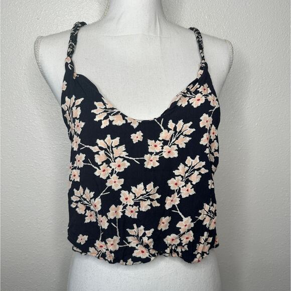 Boho Floral Braided Twist Back Tank Top XS Black Peach Cream Linen Summer Look - Picture 2 of 15